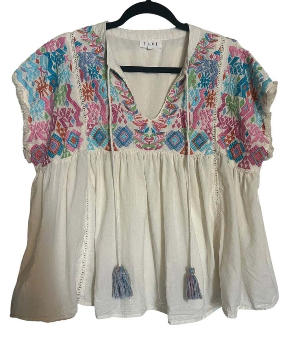 THML Women's Ivory Embroidered Boho Peasant Top Tassel Ties Size XL